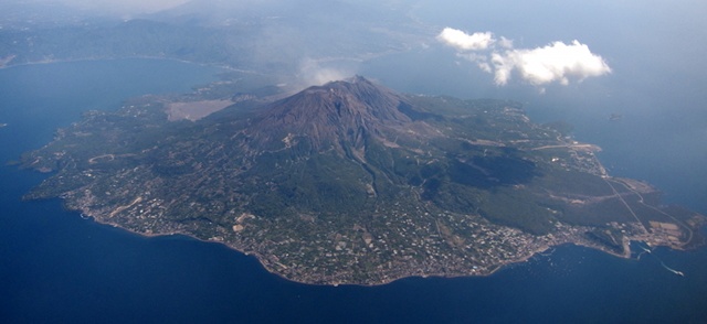 An aerial view of Sakurajima Volcano