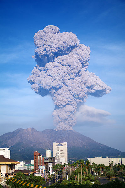 A large eruption of Sakurajima volcano seen from Kagoshima City