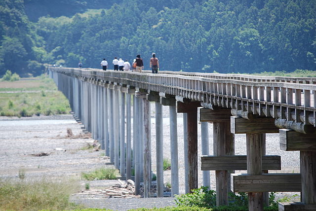 People crossing Horaibashi Bridge over the Oigawa River