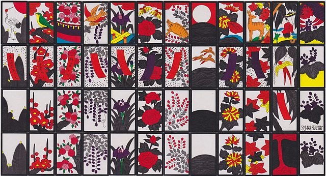 A complete set of hanafuda cards, sorted by suit