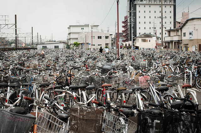 A huge number of bikes parked beside Okazaki Station in Japan