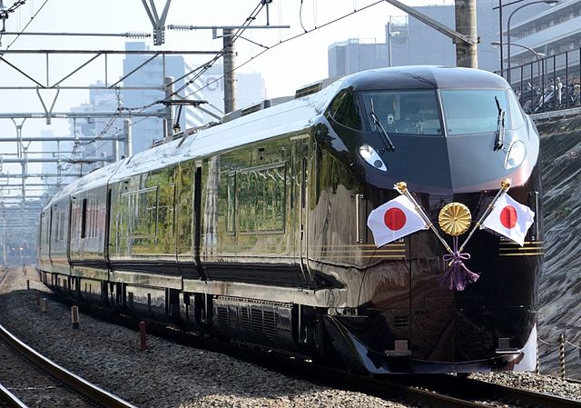 Japanese royal train, with two Japanese flags attached to the front
