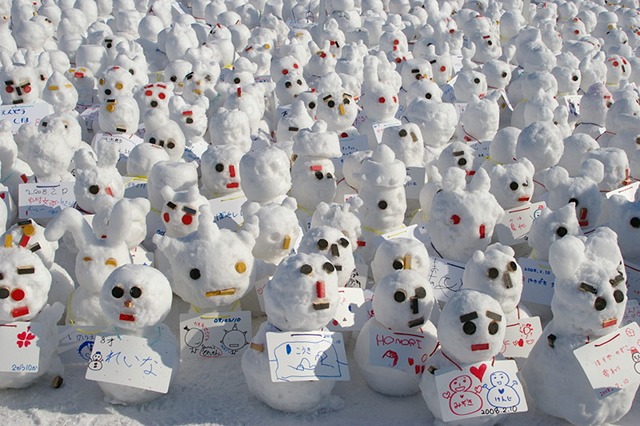 Lots of mini snowmen at the Sapporo Snow Festival