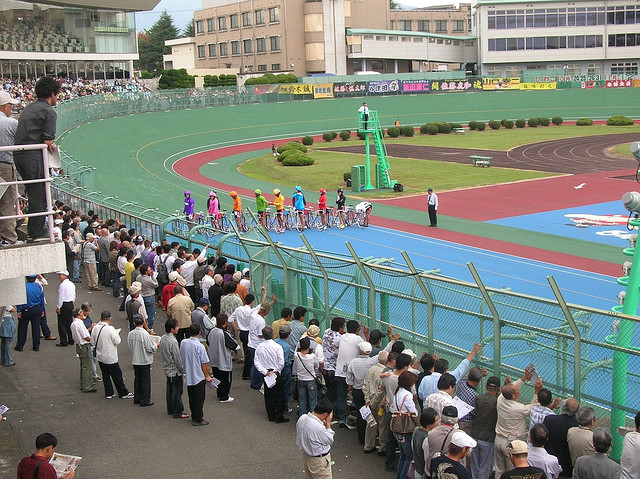 Riders getting ready for a keirin race in Japan