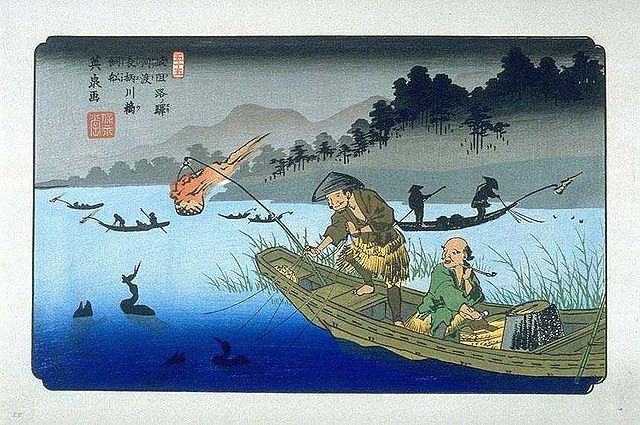 An Ukiyo-e print of cormorant fishing by Keisai Eisen
