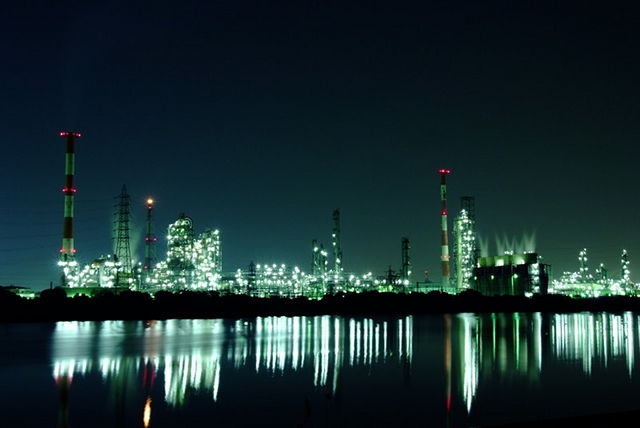 Factory lights reflected in the sea, at Yokkaichi in Mie Prefecture
