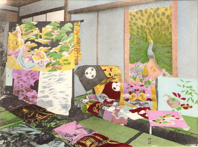 A historic photo of a Japanese bride’s kimono, clothes and embroidered products