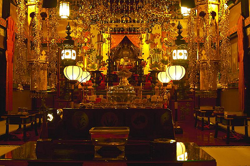 An altar surrounded by gold and glittering ornamentation