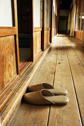 Slippers outside of a guest room at Shojoshin-in Temple