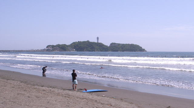 Enoshima Island seen from a nearby beach