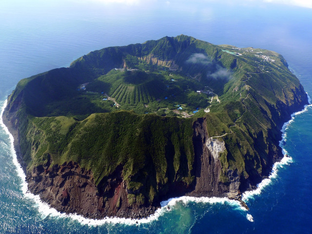 A view of Aogashima Island from the air
