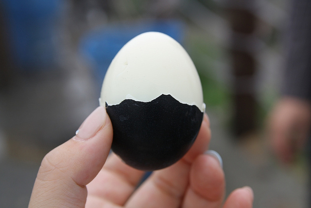 A kuro-tamago from the Great Boiling Valley at Hakone Volcano with half its shell removed
