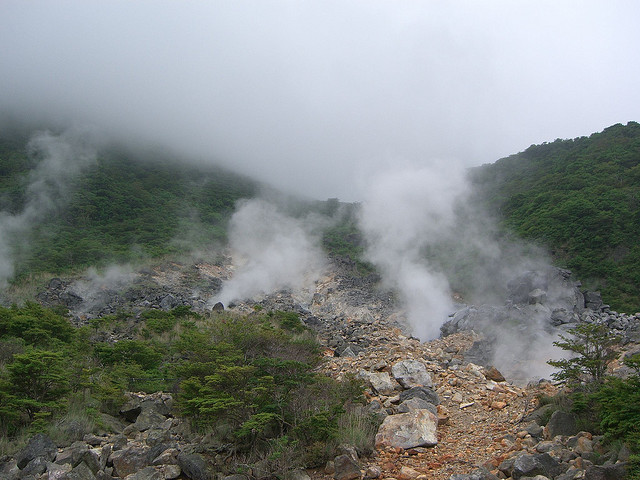 Steam rising from vents at Owakudani on Hakone Volcano