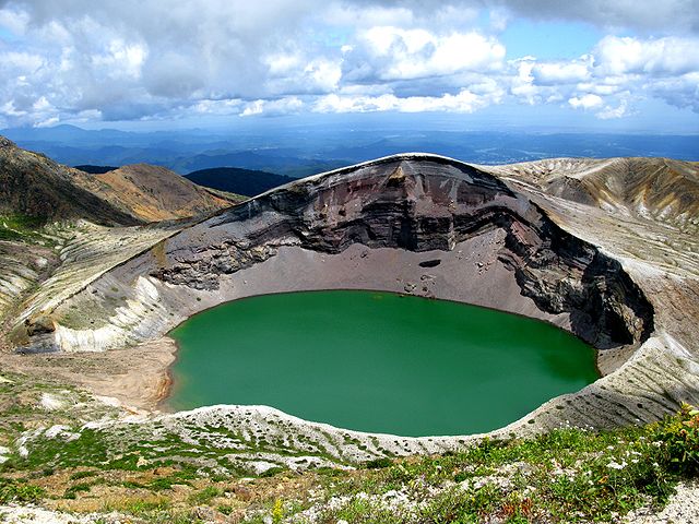 Deep green Okama Lake in the crater of Zao volcano